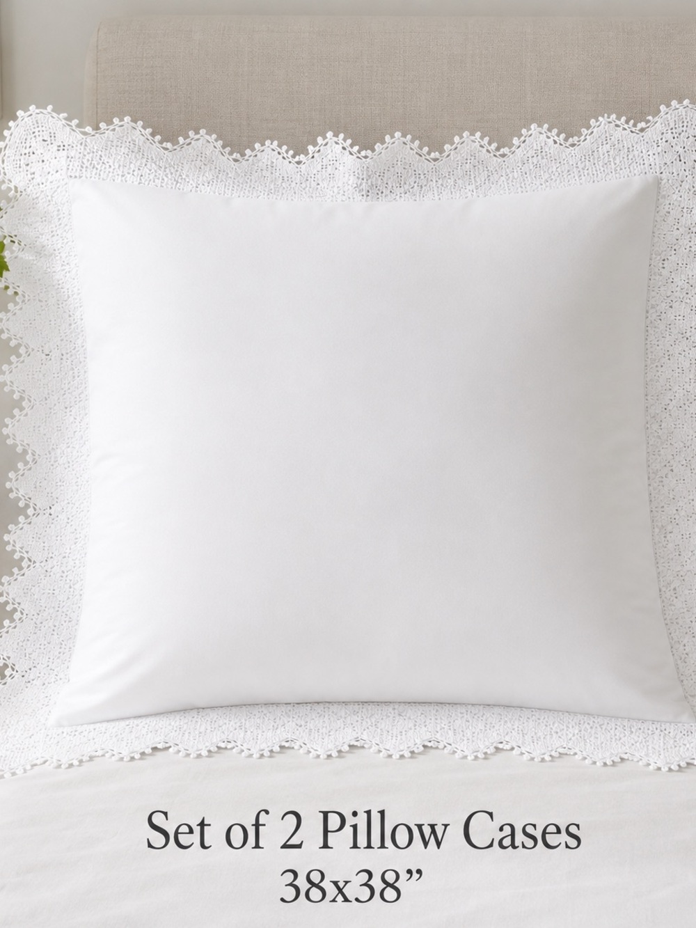 Set of 2 White Pillow Cases border crochet linen cotton blend 38x38